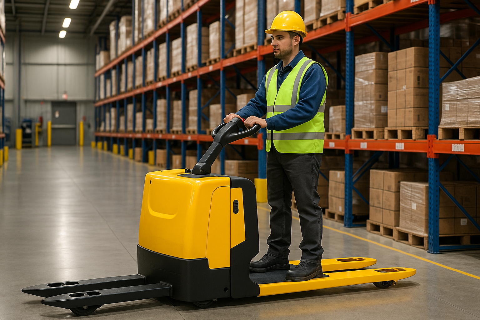 electric front rider pallet jack operator in human form 