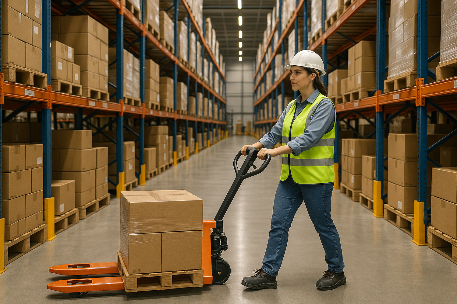 female order selector operating pallet in the warehouse  