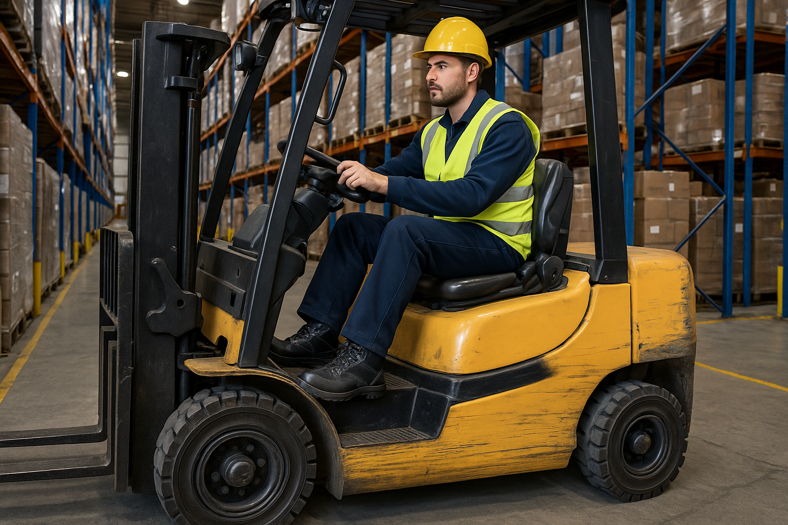 warehouse forklift drive with safety shoes on